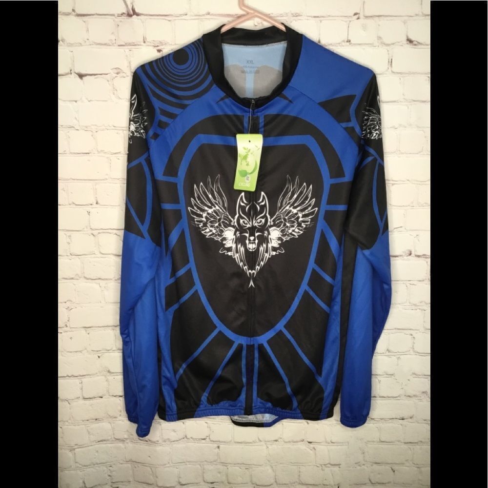 NWT Cycling Men's Blue/Black Full‎ Zip Long Sleeve Cycling Jersey Shirt Size XXL